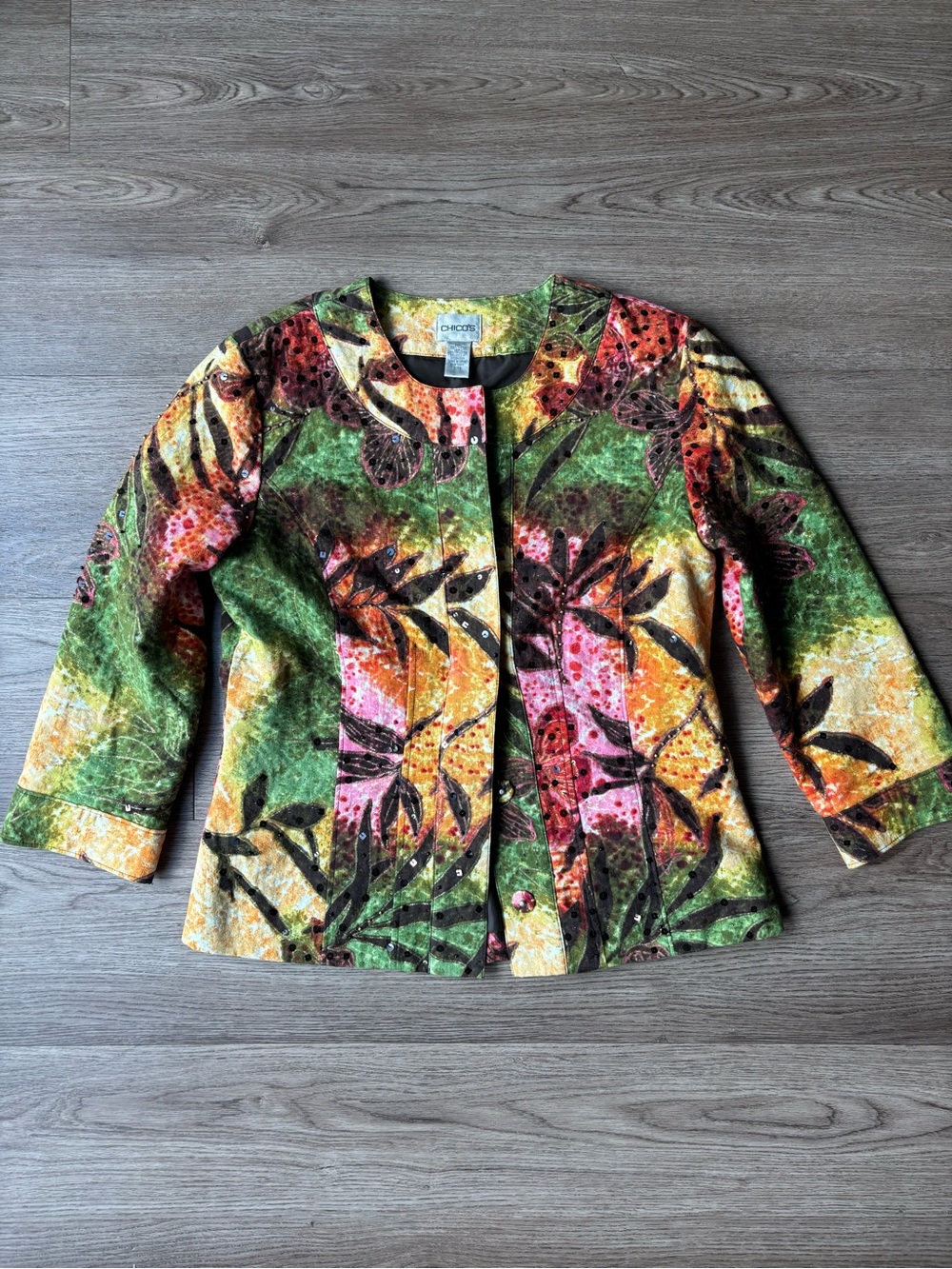 Chico's Donya Shimmering Beaded Floral Tropical Lightweight Cotton Jacket